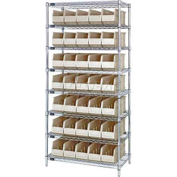 B815569 WR8-461 Chrome Wire Shelving with 35 SSB461 Stackable Shelf Bins, Ivory - 36 x 18 x 74 in.