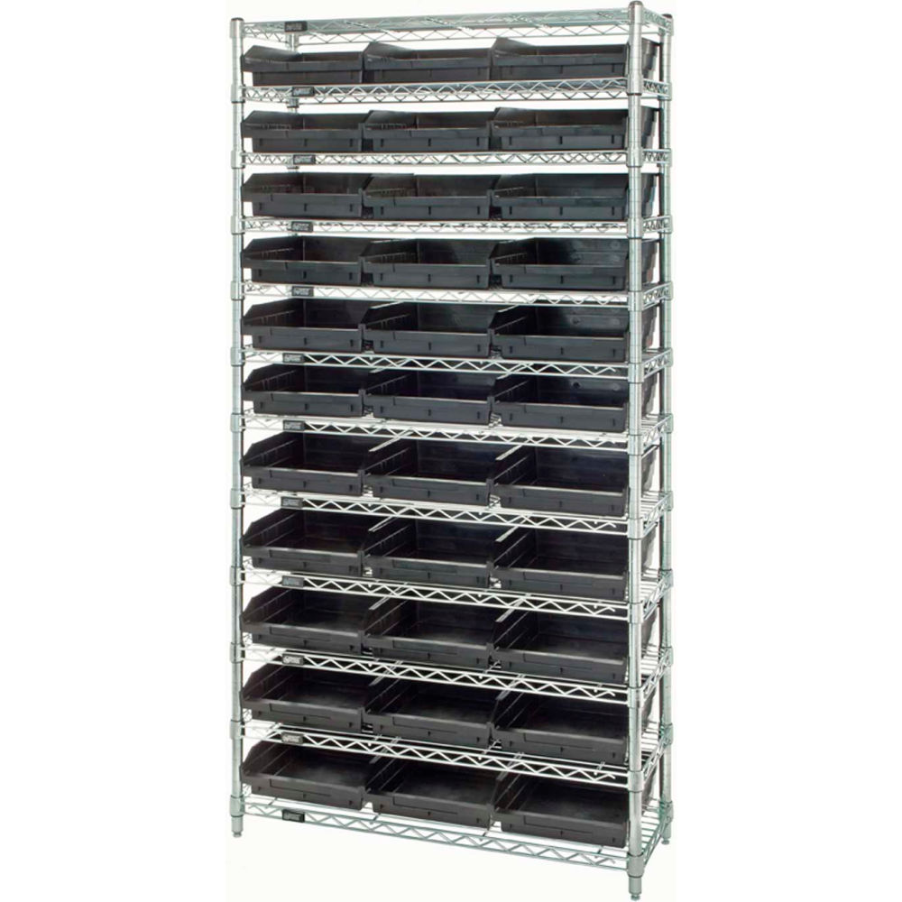 B2391949 Steel Wire Shelving with 33 Conductive 4 in. Bins, Black - 12 Shelves - 36 x 18 x 74 in.