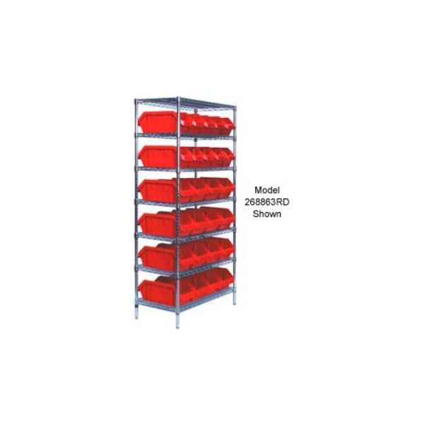 268868RD W7-18-26 Chrome Wire Shelving with 26 Quick Pick Double Open Bins, Red - 18 x 36 x 74 in.