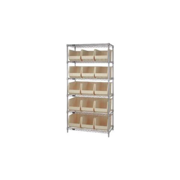 268931BG WR6-260 Chrome Wire Shelving with 15 Giant Plastic Stacking Bins, Ivory - 36 x 18 x 74 in.