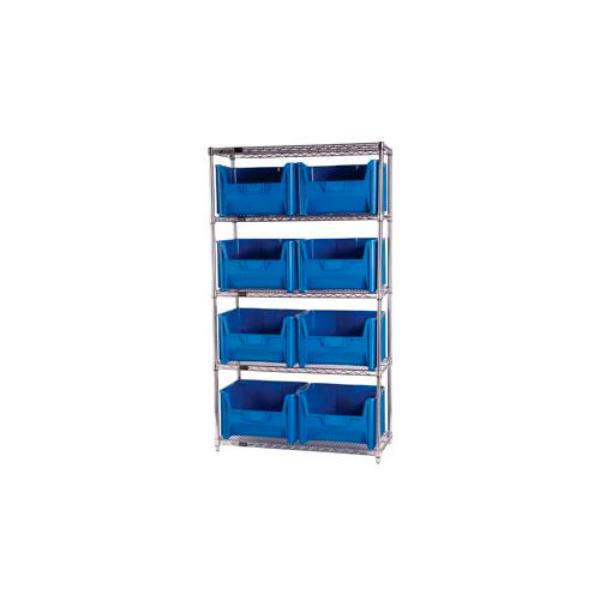 268902BL WR5-700 Chrome Wire Shelving with 8 Giant Hopper Bins, Blue - 18 x 42 x 74 in.