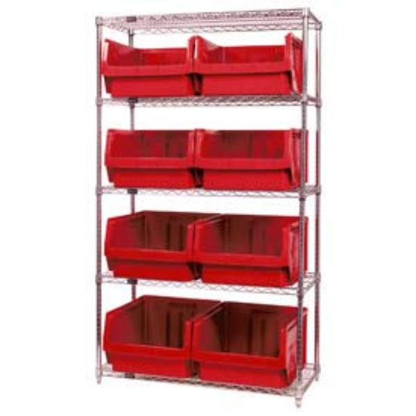 268898RD WR5-543 Chrome Shelving with 8 Magnum Giant Hopper Bins, Red - 18 x 42 x 74 in.