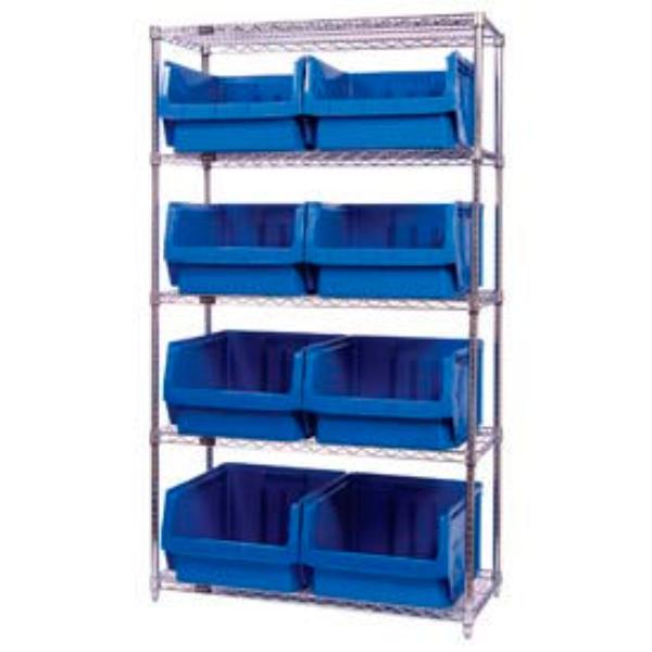 268898BL WR5-543 Chrome Shelving with 8 Magnum Giant Hopper Bins, Blue - 18 x 42 x 74 in.