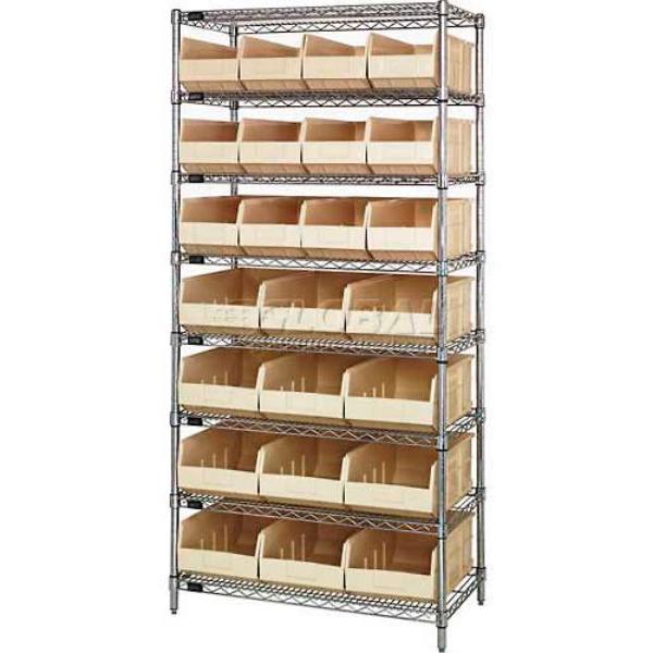 B815659 WR8-483485 Chrome Wire Shelving with 12 SSB483 12 SSB485 Stackable Shelf Bins, Ivory - 36 x 21 x 74 in.