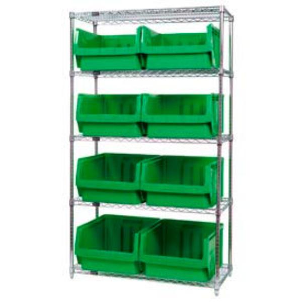 268898GN WR5-543 Chrome Shelving with 8 Magnum Giant Hopper Bins, Green - 18 x 42 x 74 in.