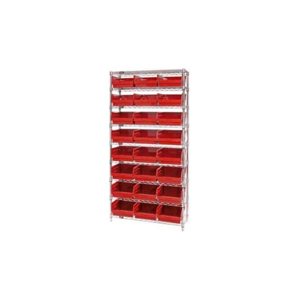 268955RD WR9-216 Chrome Wire Shelving with 24 6 in. Plastic Shelf Bins, Red - 36 x 24 x 74 in.