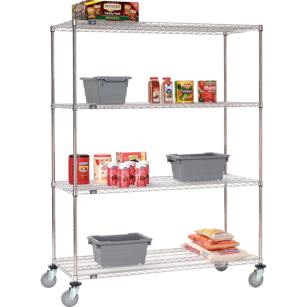 Global Industrial C24487PS4 Nexel 4 Shelf Truck Stainless Steel Polyurethane Swivel Casters - 48 x 24 x 80 in.