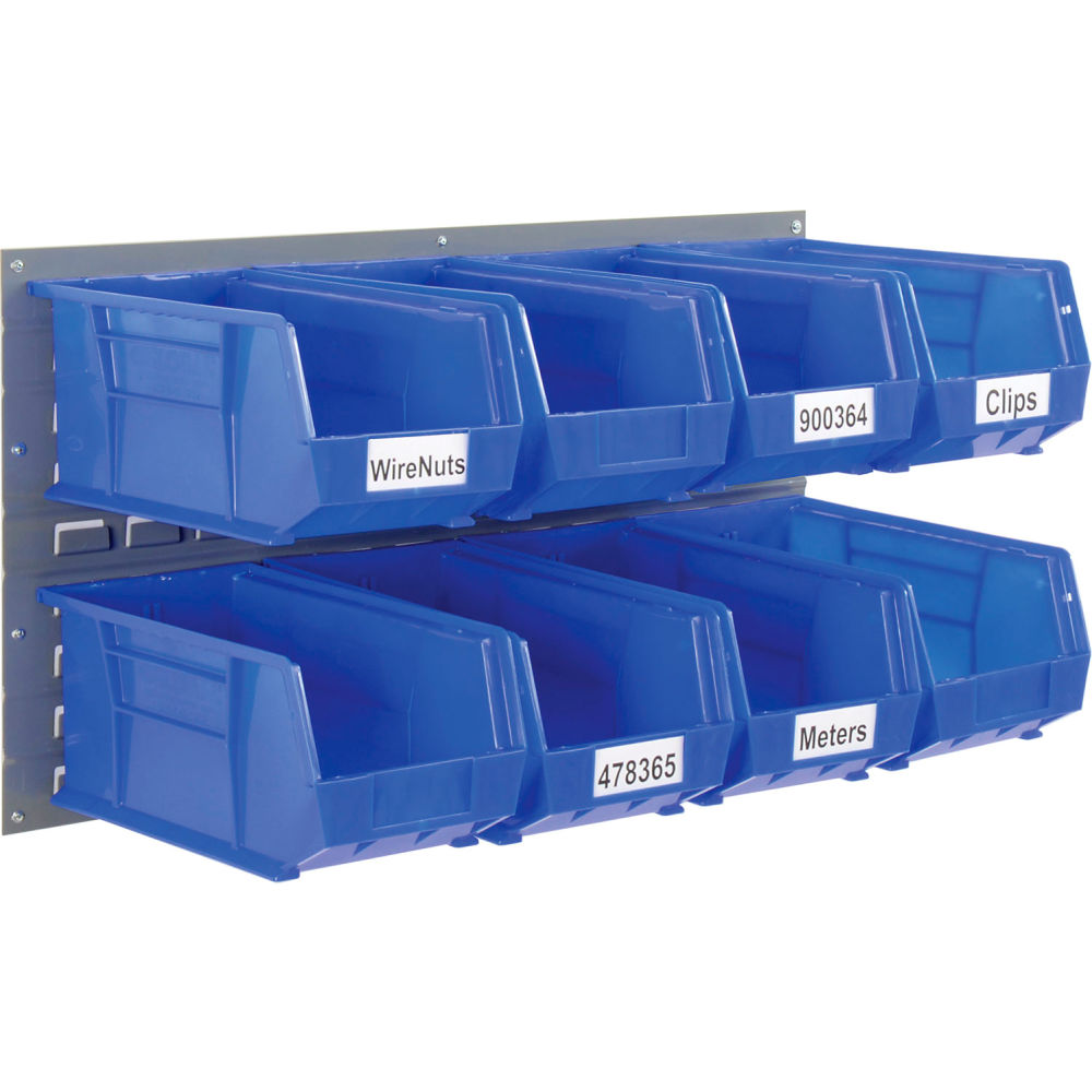Picture of Global Industrial 550203BL Wall Bin Rack Panel - 36 x 19 in. - 8 Blue 8.25 x 14.75 x 7 in. Stacking Bins