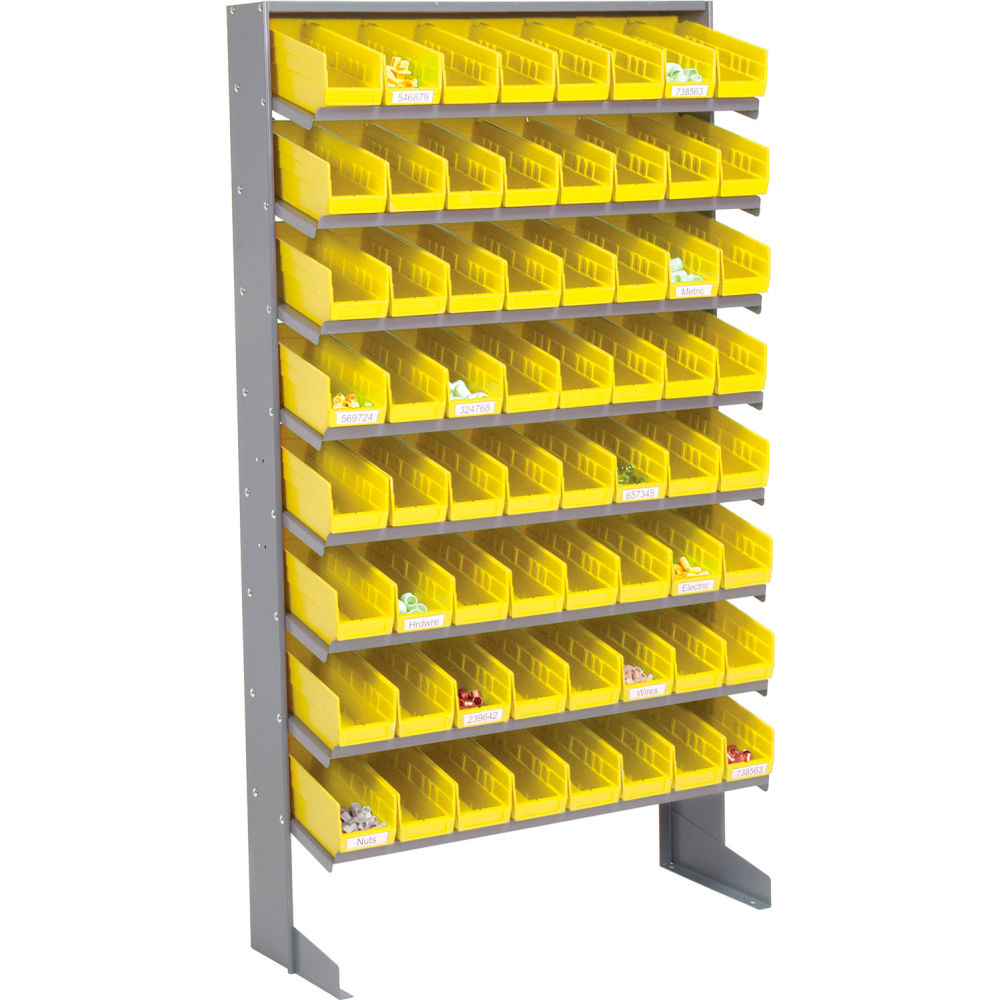 Picture of Global Industrial 603426YL 8 Shelf Floor Pick Rack - 64 Yellow Plastic Shelf Bins 4 in. Wide - 33 x 12 x 61 in.
