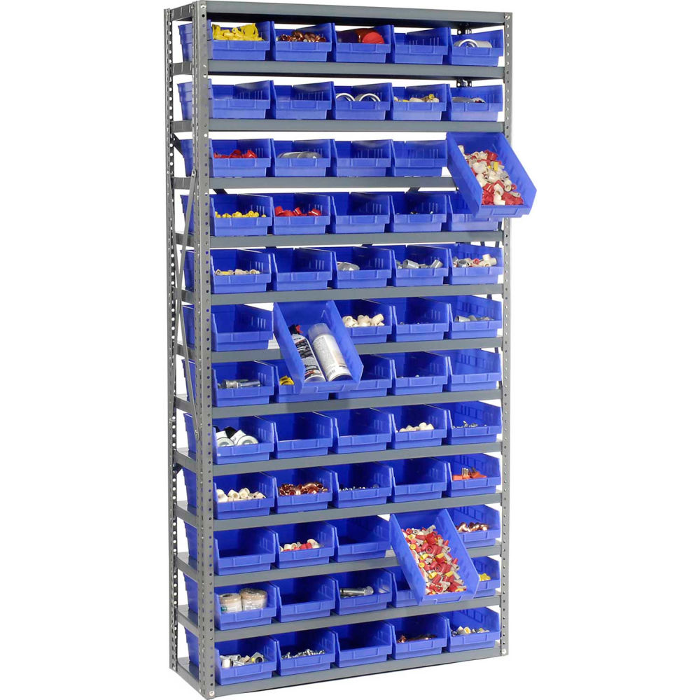 Global Industrial 603440BL Steel Shelving with 60 4 in. Plastic Shelf Bins, Blue - 36 x 12 x 73 in. - 13 Shelves