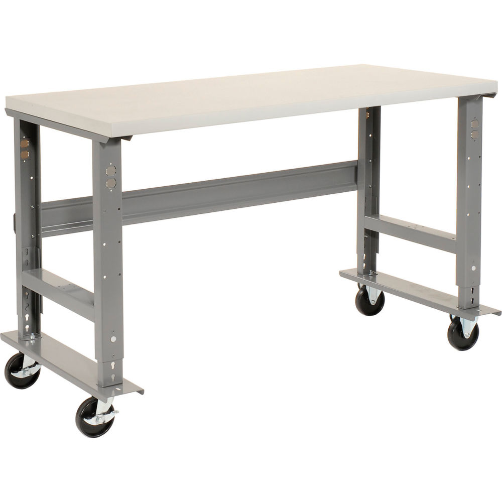 Global Industrial PT6036QAA Mobile Workbench 60 x 36 in. Adjustable Height Laminate Square Edge - Light Gray