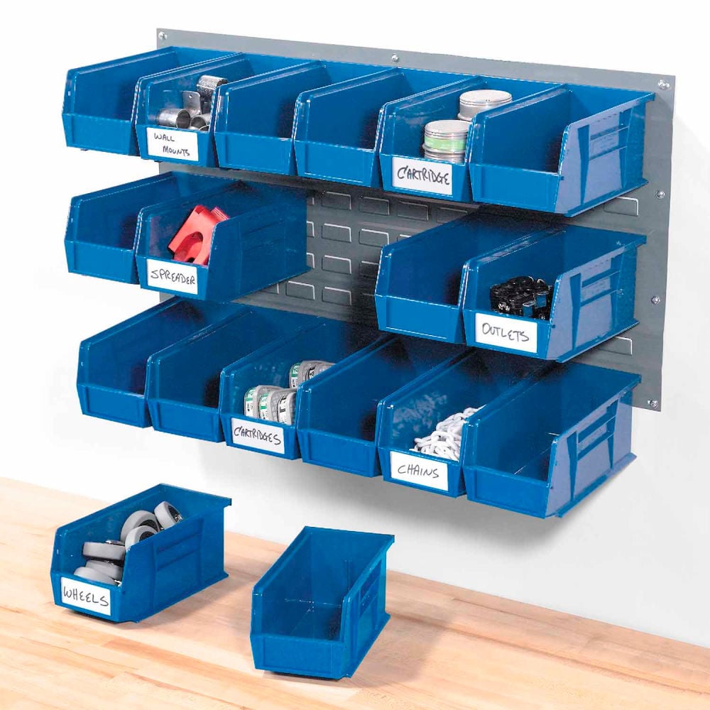 Picture of Global Industrial 550201BL Wall Bin Rack Panel - 36 x 19 in. - 18-Blue - 5.50 x 11 x 5 in. Stacking Bins
