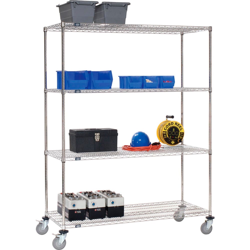 Global Industrial C24486PSB4 Nexel 4 Shelf Truck Stainless Steel Polyurethane Swivel Casters 2 Brakes - 48 x 24 x 69 in.