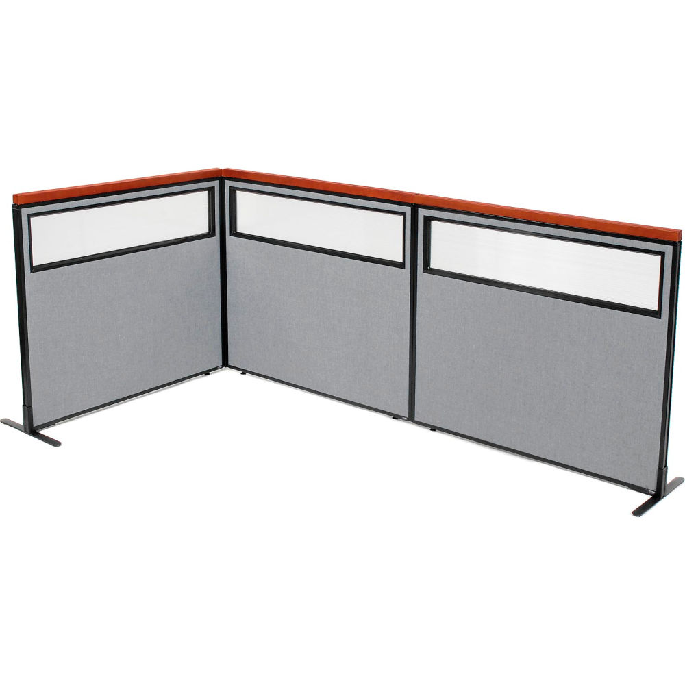 Global Industrial 695038GY Interion Deluxe Freestanding 3-Panel Corner Divider with Partial Window - 48.25 x 43.50 in. - Gray