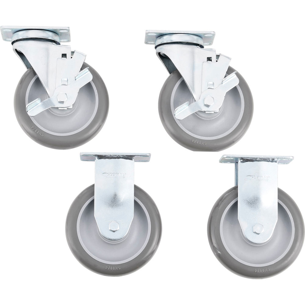 Global Industrial RP1006 5 in. Polyurethane Caster Kit with Hardware 2 Swivel & Brake 2 Rigid