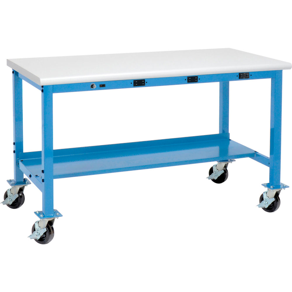 Global Industrial 253993MBBL 72 x 30 in. Mobile Production Workbench - Power Apron - ESD Safety Edge - Blue