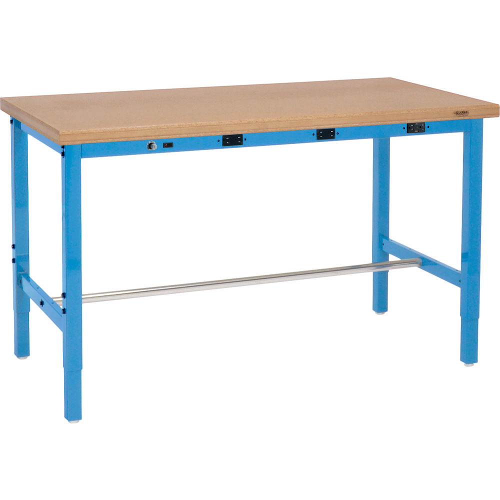 Global Industrial 253844BBLA 72 x 30 in. Adjustable Height Workbench - Power Apron Shop Top Safety Edge - Blue