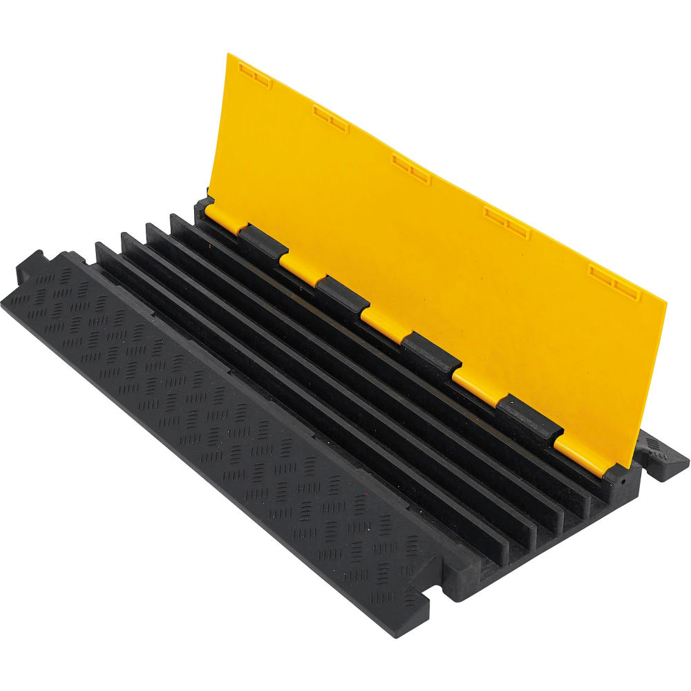 Cable Protector, 2 in H, 35-7/16 in L, 19-11/16 in W, 5 Channel, Rubber/Plastic, Black, Yellow