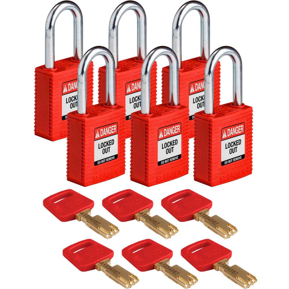 Lockout Padlock, Keyed Different, Nylon, Red, 1 1/2 in Shackle Height, 1 1/2 in Body Width, 6 PK