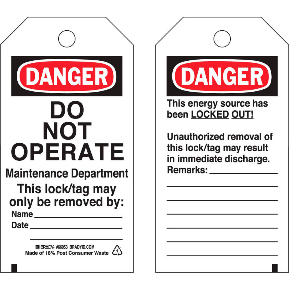 B2249571 65503 Lockout Tag - Danger Do Not Operate Heavy Duty Polyester Encapsulated - Pack of 25