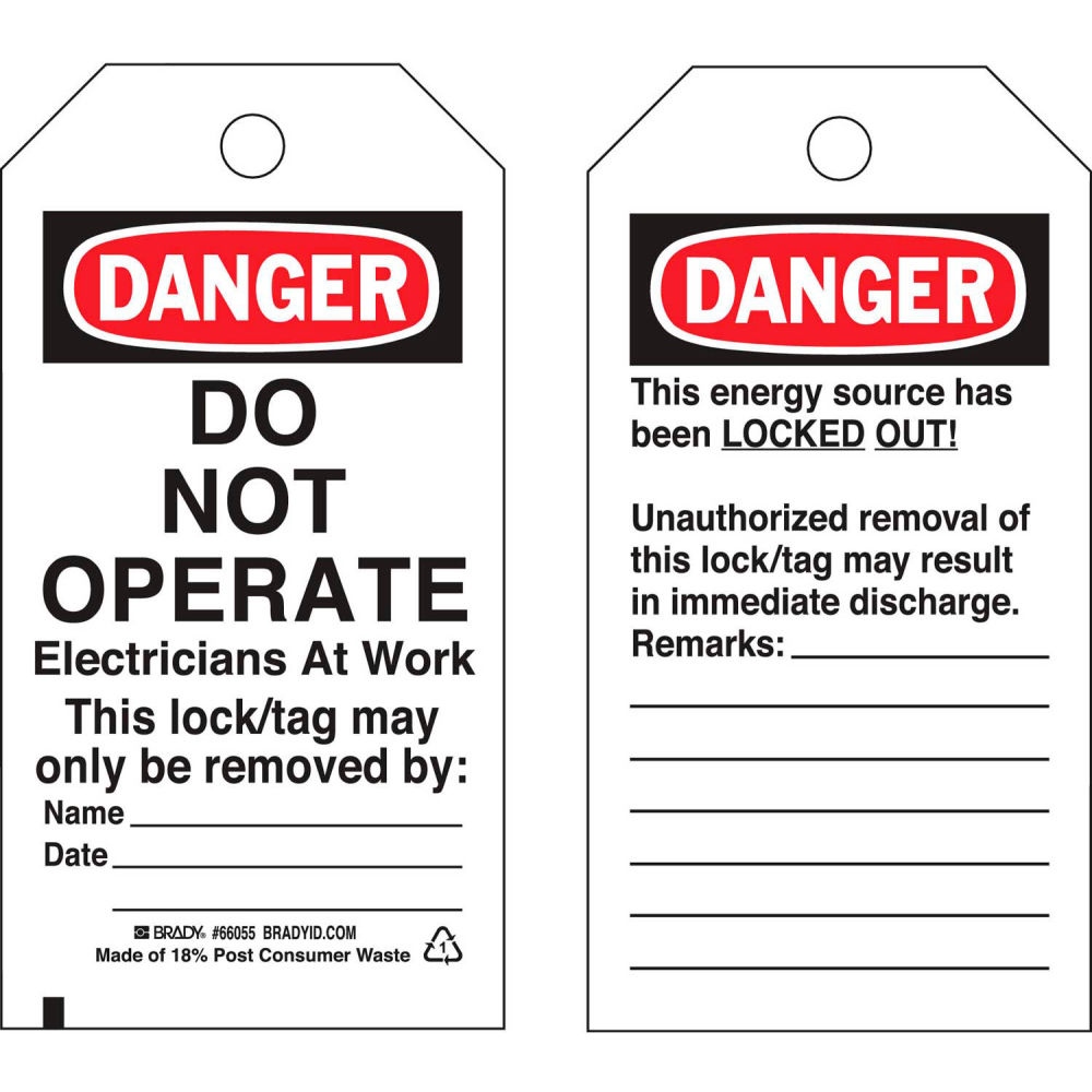 B2249570 65504 Lockout Tag - Danger Do Not Operate Electricians At Work Vinyl - Pack of 25