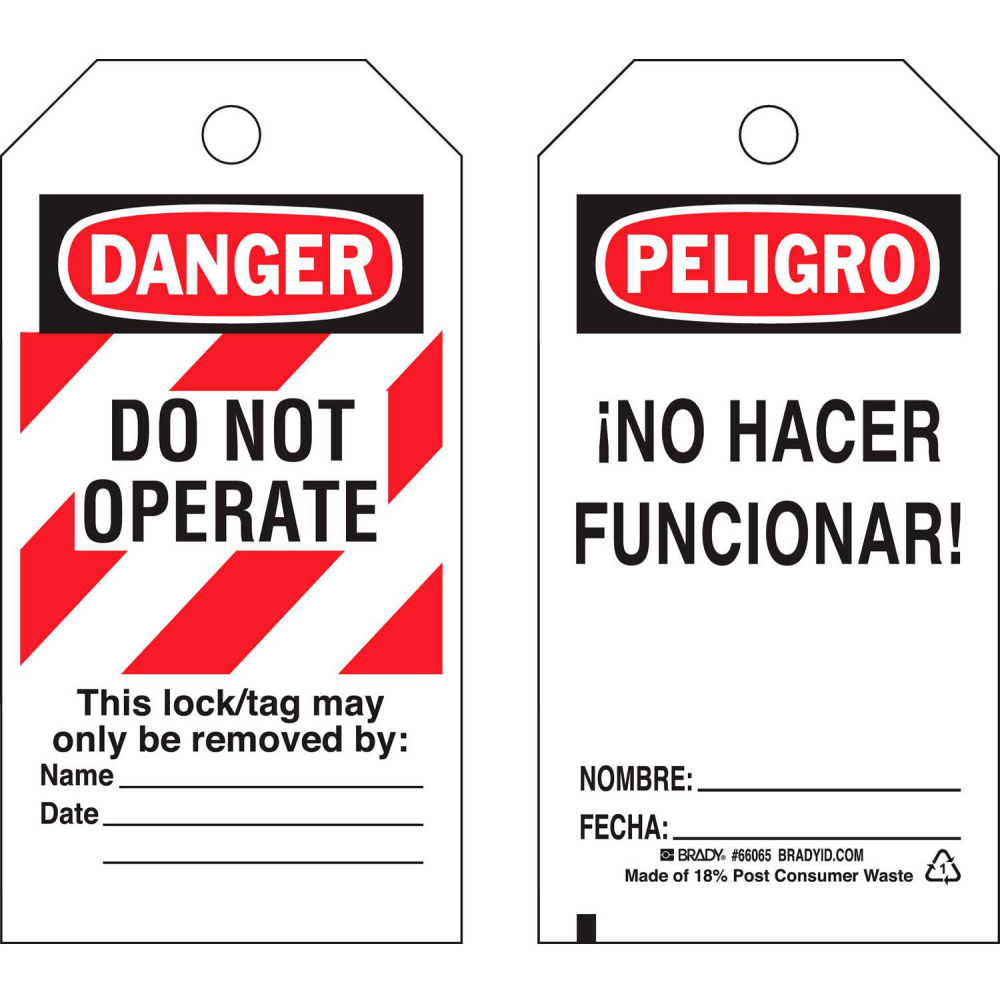 B2249809 66065 Danger Do Not Operate Tag - Bilingual Engligh & Spanish HD Polyester - 25 per Pack