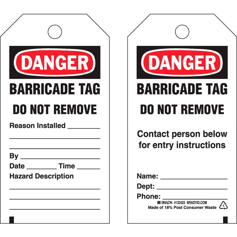B2249749 132422 Danger Barricade Tag - 2 Sided Polyester - 3 x 5.75 in. - 25 per Pack