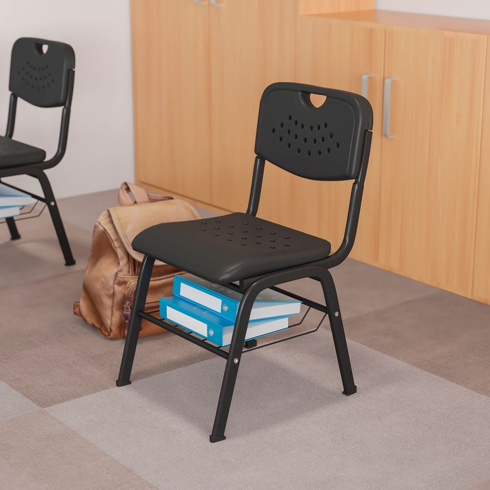 Picture of Global Industrial B2332623 Flash Furniture Black Plastic Chair with Black Frame & Book Basket - Hercules Series