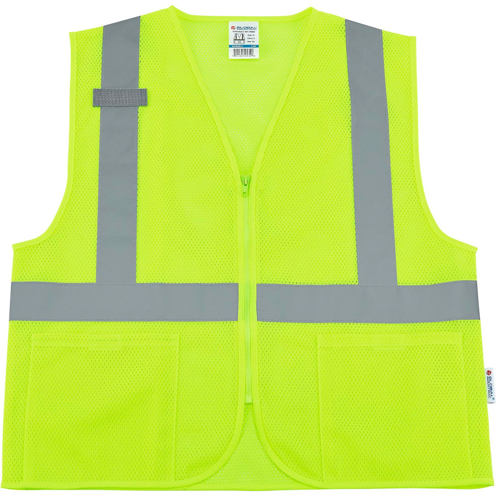 Global Industrial 641636LL Class 2 Hi-Vis Safety Vest - 2 Pockets Mesh, Lime - Large & Extra Large