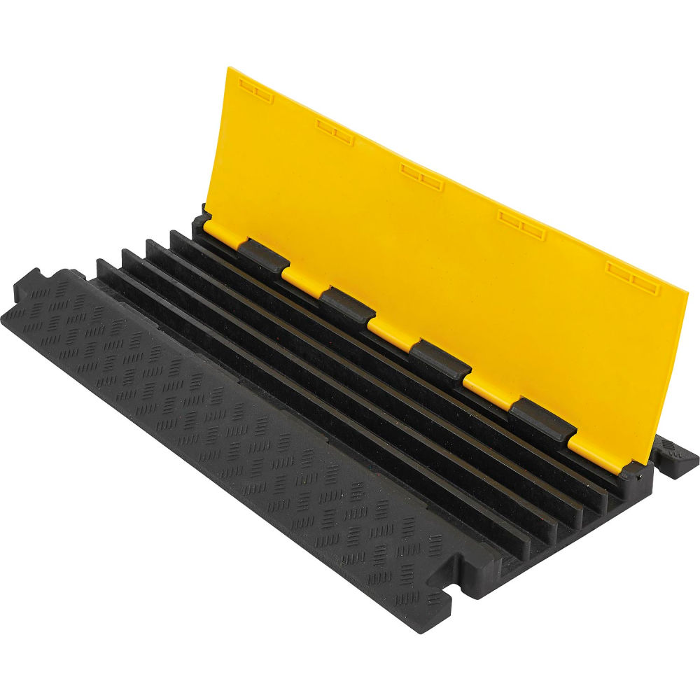Cable Protector, 2 in H, 35-7/16 in L, 19-11/16 in W, 5 Channel, Rubber/Plastic, Black, Yellow