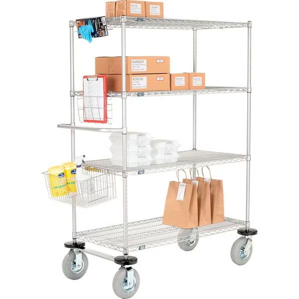 Global Industrial CS24304CP Nexel Chrome Curbside Wire Truck with 4 Shelves & Pneumatic Casters - 30 x 24 x 72 in.