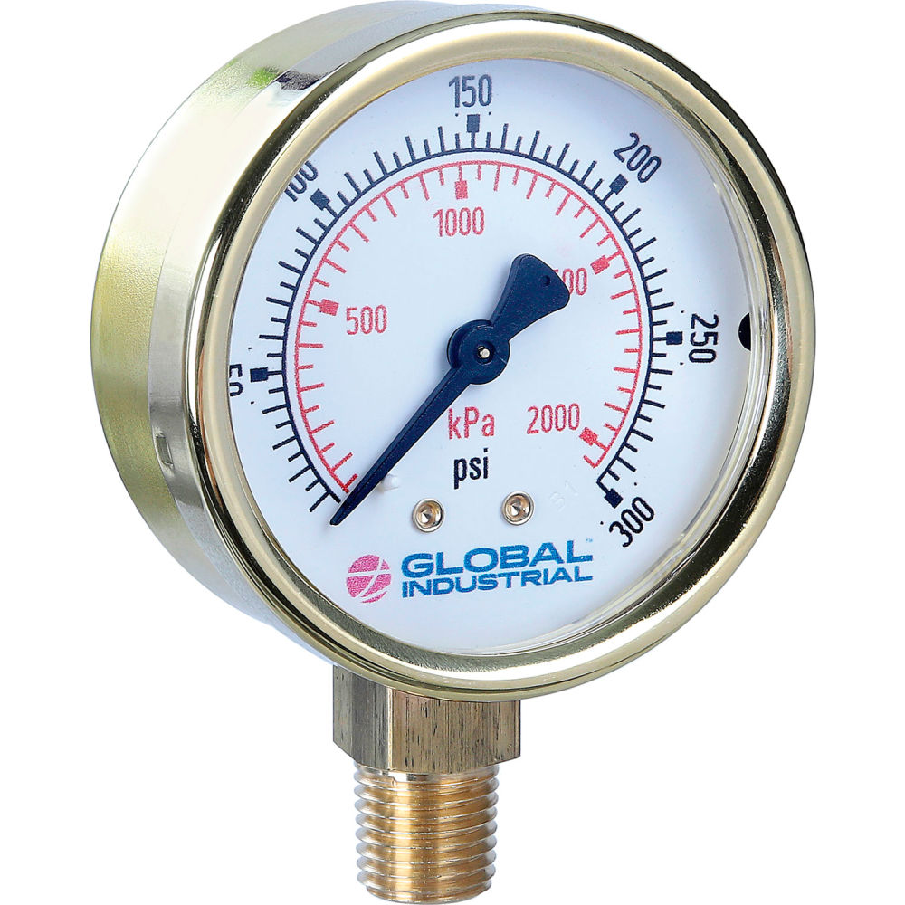 Picture of Global Industrial B2781361 2.5 in. 30 PSI-KPA 0.25 in. NPT LM Polished Brass Pressure Gauge