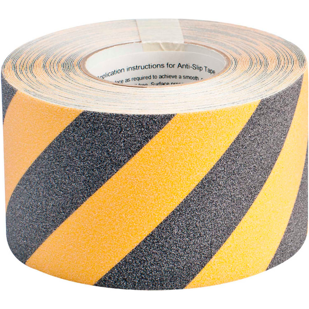Anti-Skid Tape Roll - Grit-Coated Polyester, Diagonal Stripes, Black on Yellow, 4in x 60ft