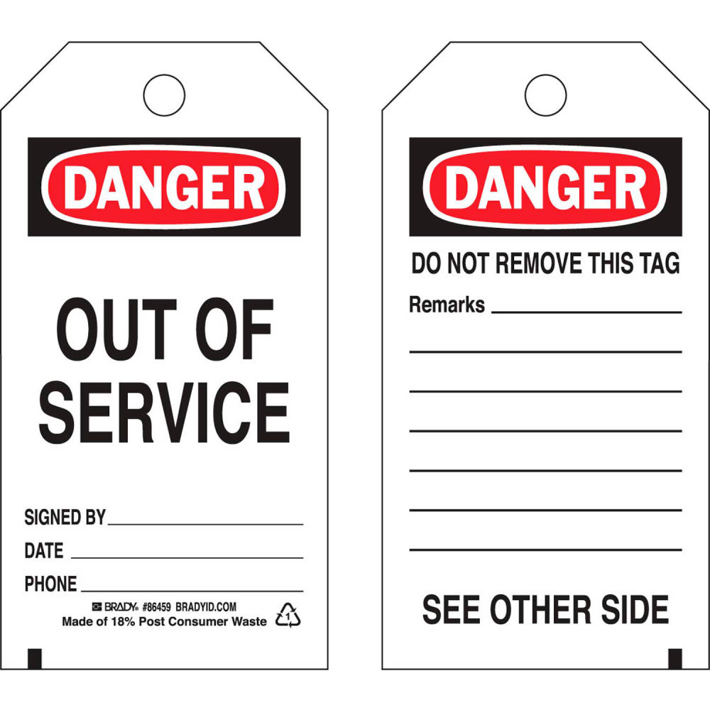 B2249489 86459 Self-Laminating Danger Out Of Service Tag - Polyester - 3 x 5.75 in.