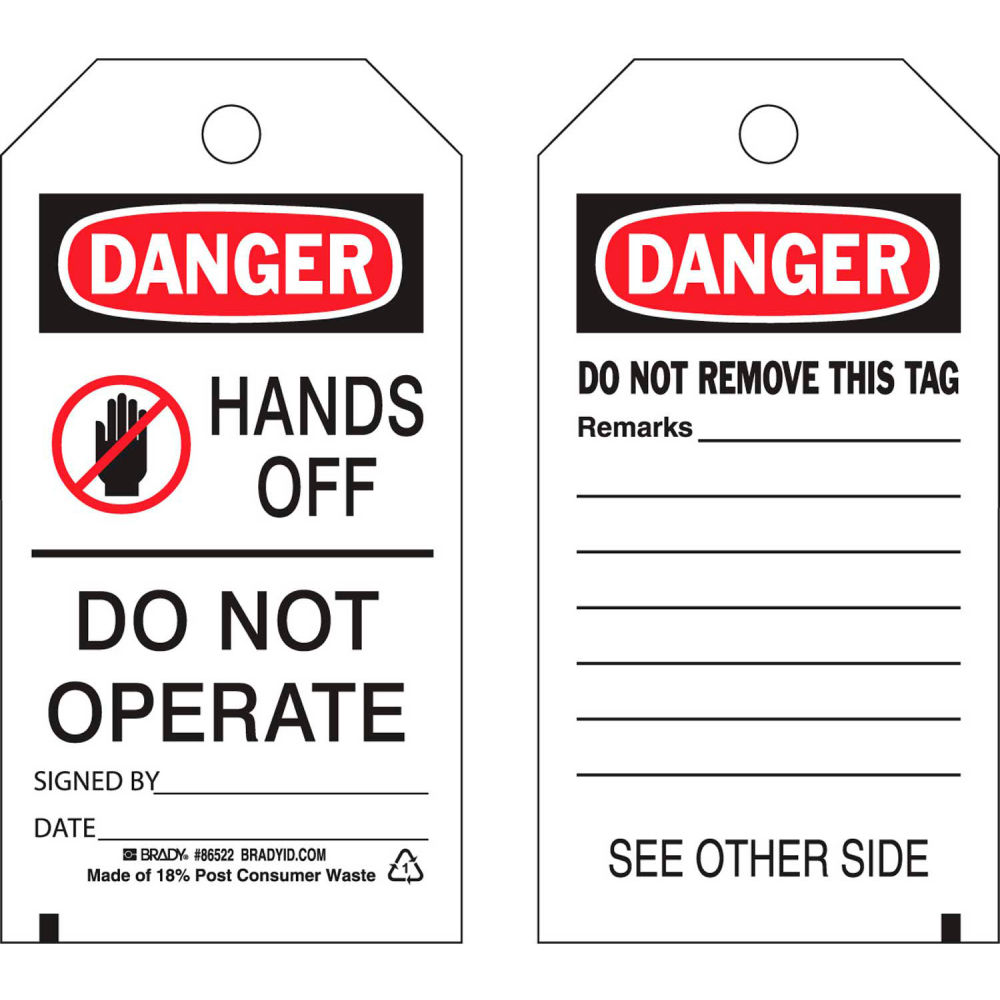 B2249589 86522 Danger Hands Off Do Not Operate Tag - 2 Sided Polyester - 3 x 5.75 in. - Pack of 10