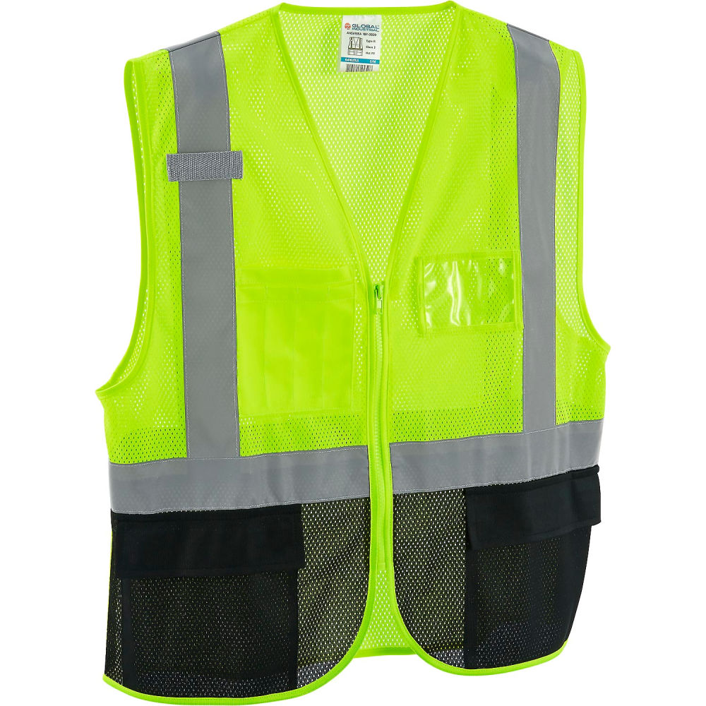 Global Industrial 641637LL Class 2 Hi-Vis Safety Vest - 3 Pockets Mesh, Lime & Black - Large & Extra Large
