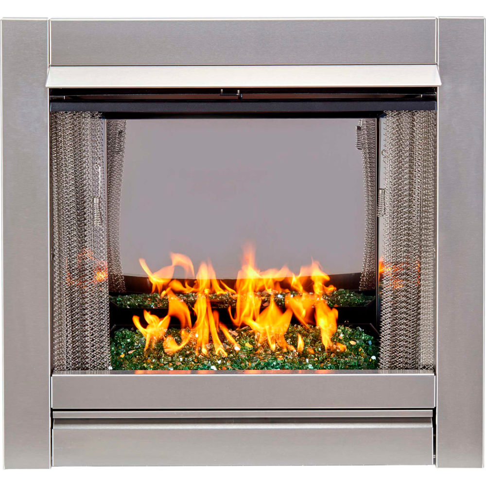 Picture of Bluegrass Living B3082960 Duluth Forge Ventless Stainless Gas Fireplace Insert with Emerald Glass Media 24000 BTU Manual Ctrl