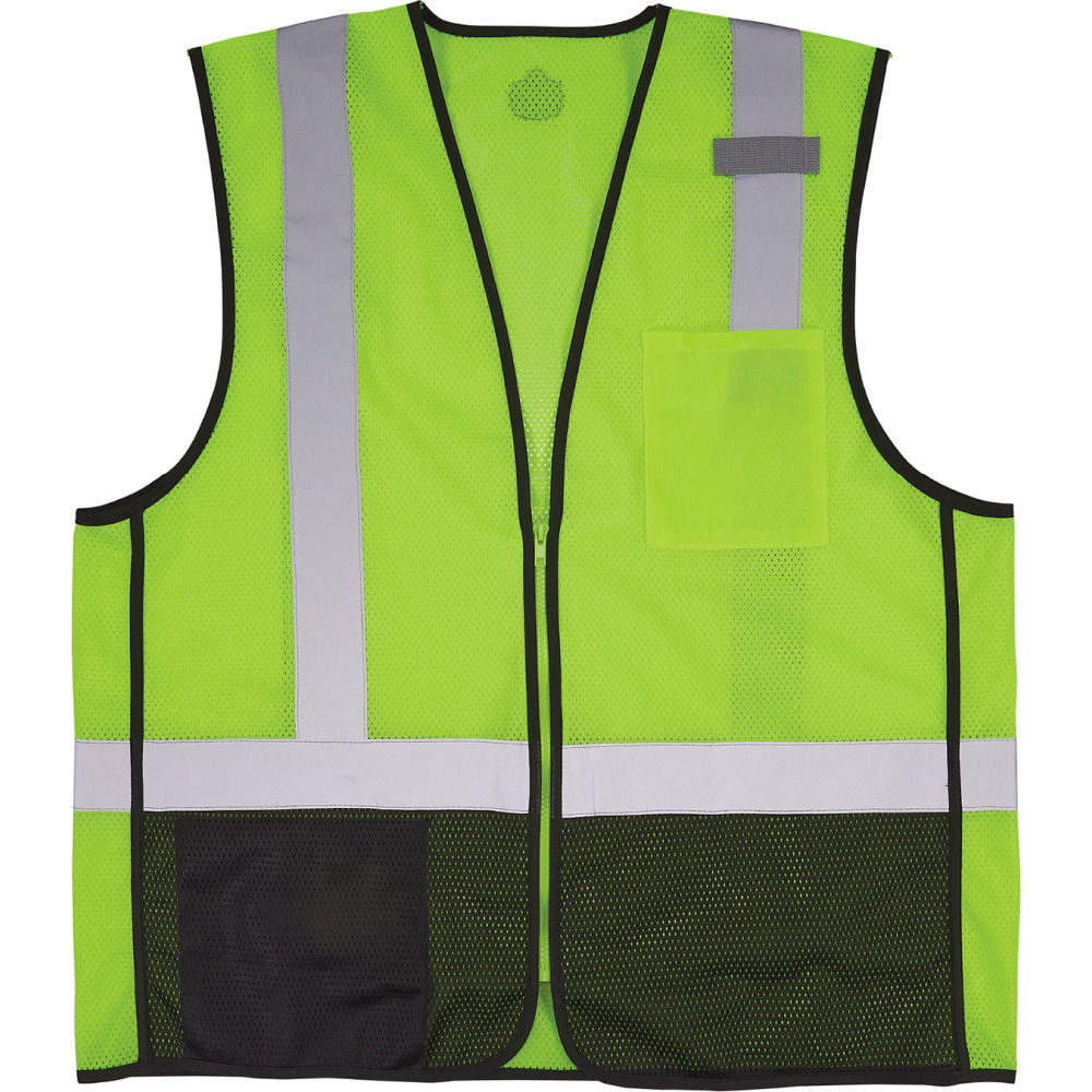 Hi-Vis Safety Vest w/Black Bottom S, M Class 2 U Back, ,Zipper 2 Pockets, 1 Mic Tab
