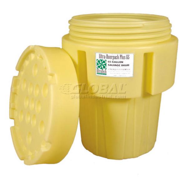 Open Head Overpack Drum, Polyethylene, 65 gal, Unlined, Yellow