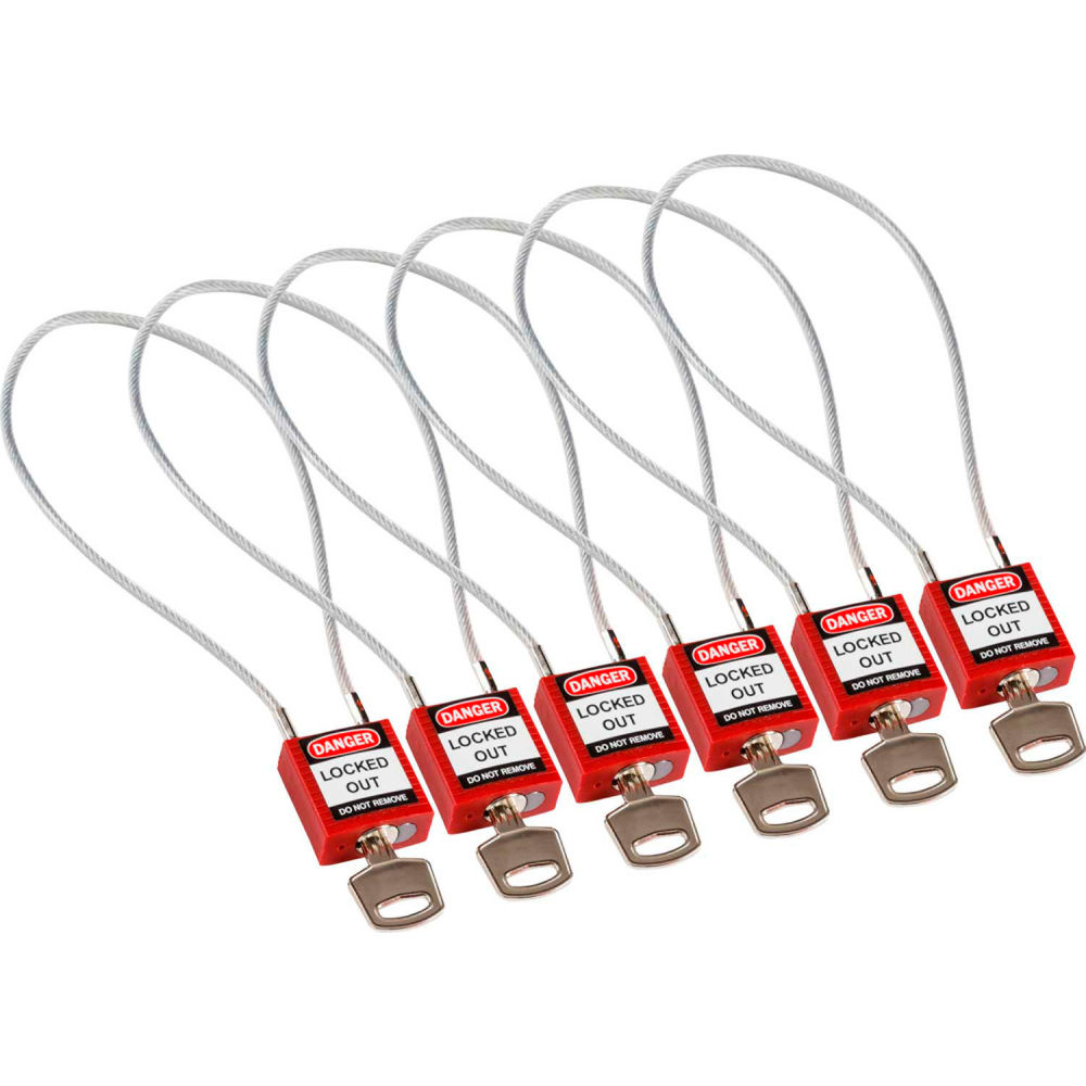 B2249573 146132 Cable Safety Padlocks - Keyed Alike 8 in. Clearance Steel Cable, Red - Pack of 6