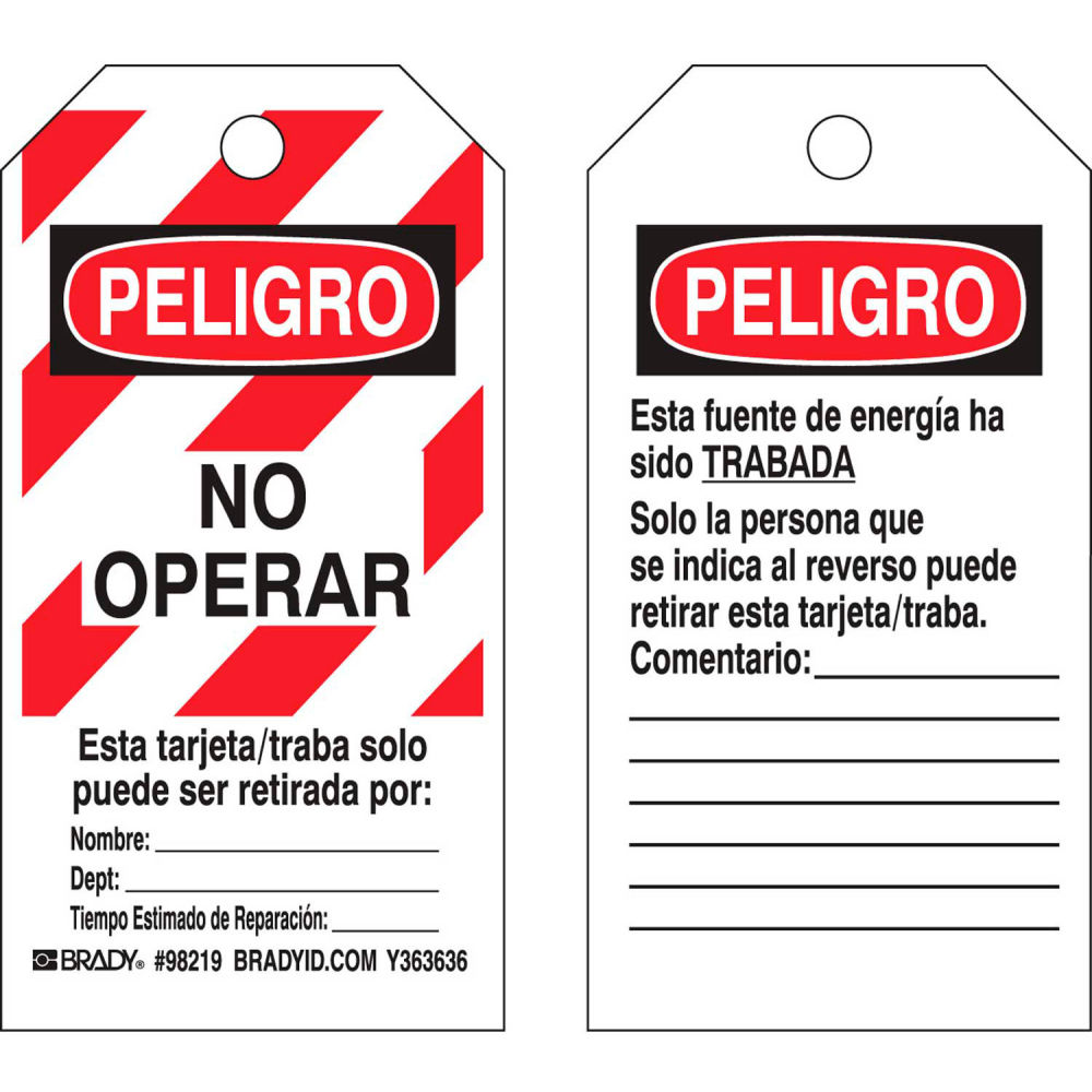 B2249476 Peligro No Operar Spanish 2 Sided Polyester Lockout Tag, Multi Color - Pack of 25