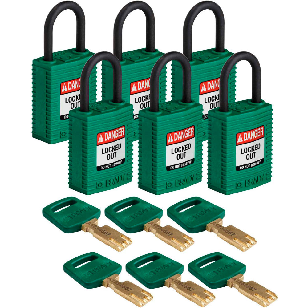 B2347183 CPT-GRN-25PL-KA6PK Brady SafeKey Lockout Padlock - Nylon 1 in. Plastic Shackle Keyed Alike