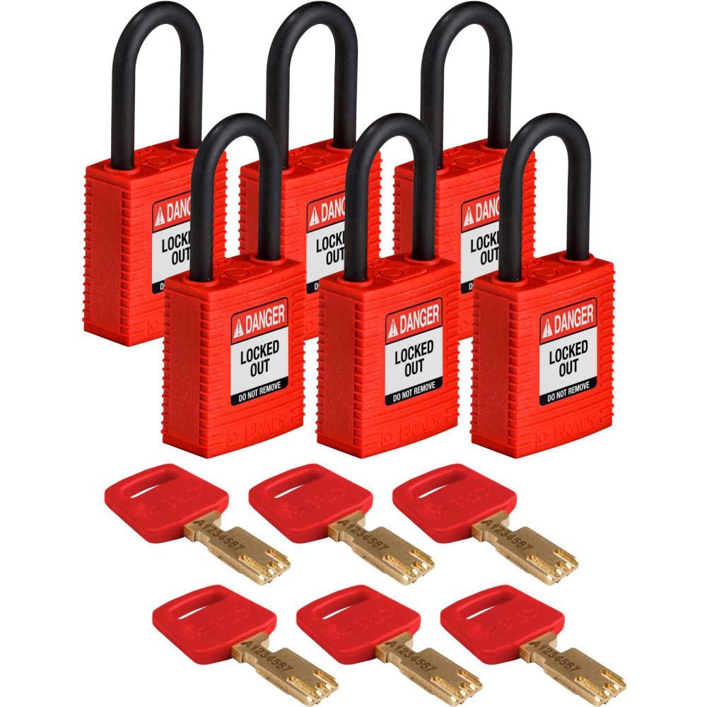 B2347113 NYL-RED-38PL-KD6PK Brady SafeKey Lockout Padlock - Nylon 1.5 in. Plastic Shackle Different