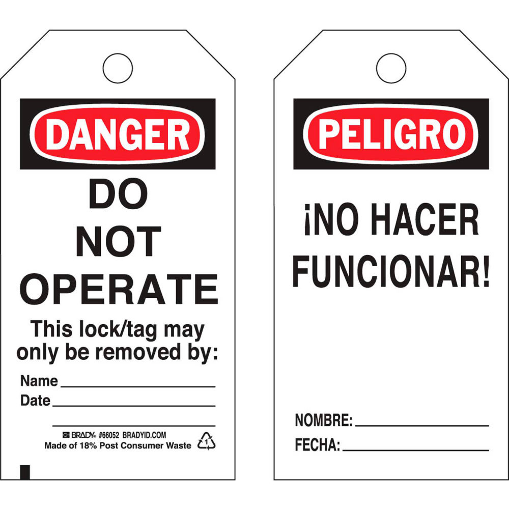 B2249811 66052 Danger Do Not Operate Tag - Bilingual Engligh & Spanish HD Polyester - 25 per Pack