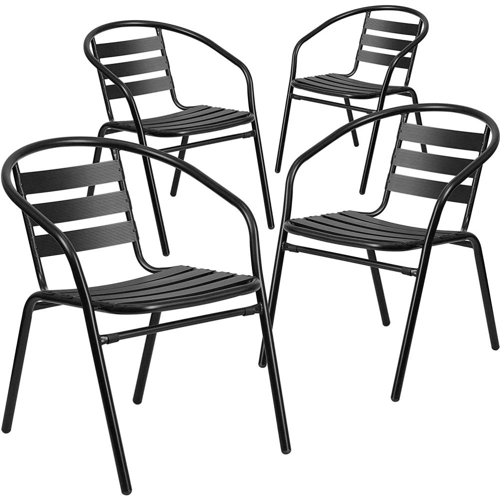 Global Industrial B2540182 Flash Furniture Metal Restaurant Stack Chair with Aluminum Slats, Black - Pack of 4