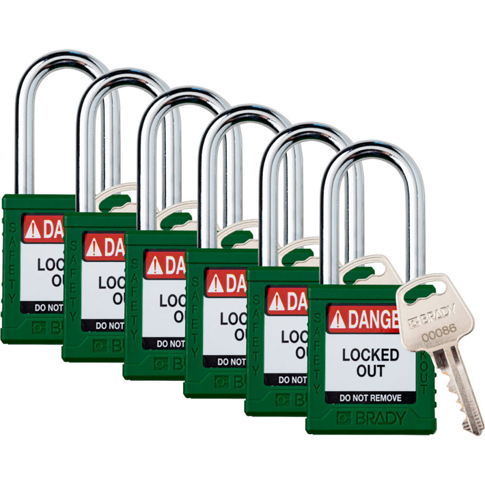 B3113107 Safety Lockout Padlock - Keyed Alike 1.5 in. Plastic & Steel, Green - Pack of 6