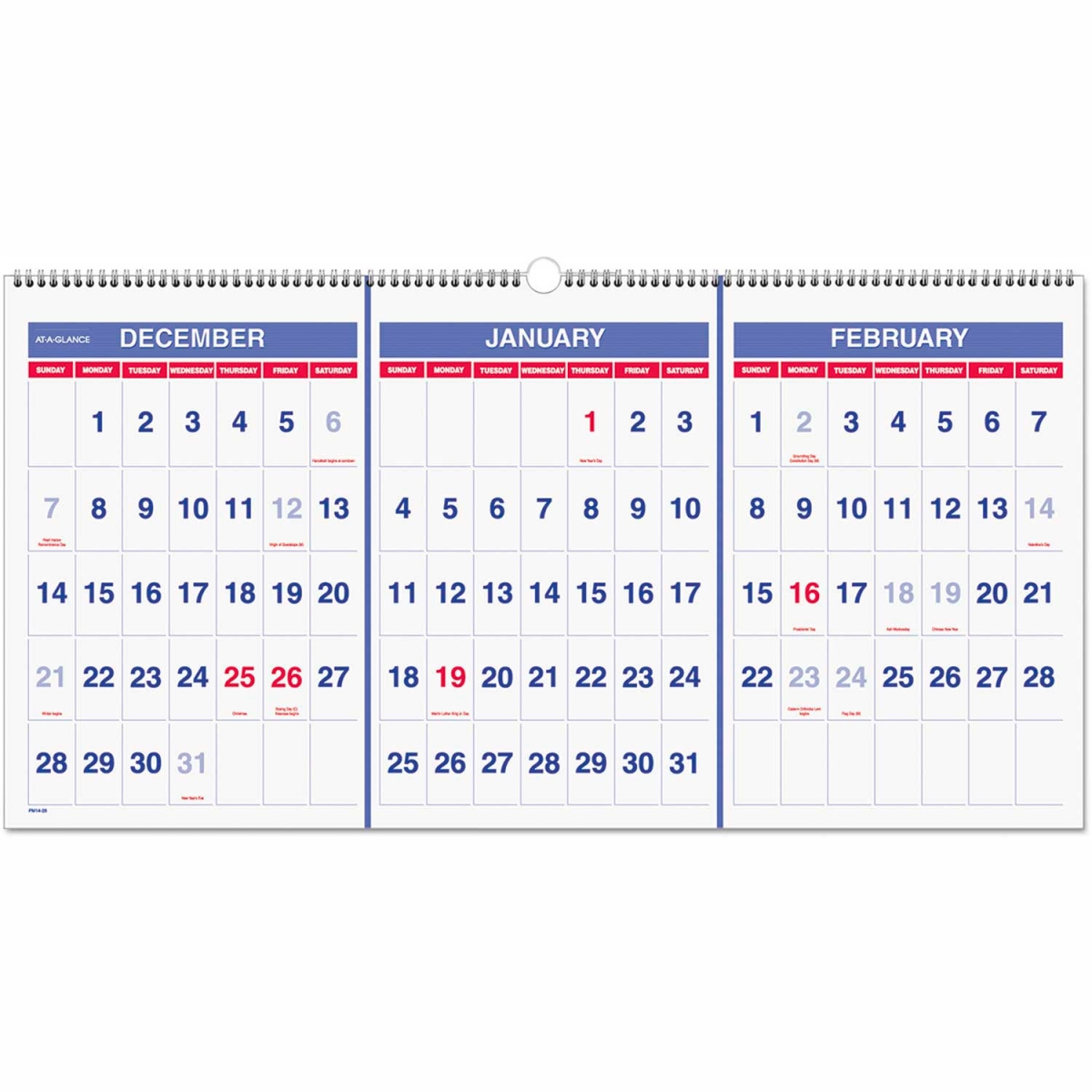 B1250151 Deluxe Three-Month Reference Wall Calendar - December 2024 to February 2026