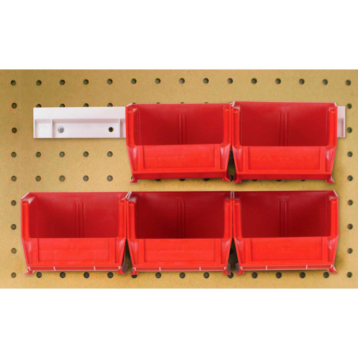 B1398793 Hang & Stack Bins with 2 Rails & 6 Bins - 7.375 x 4.125 x 3 in. - Red - Polypropylene