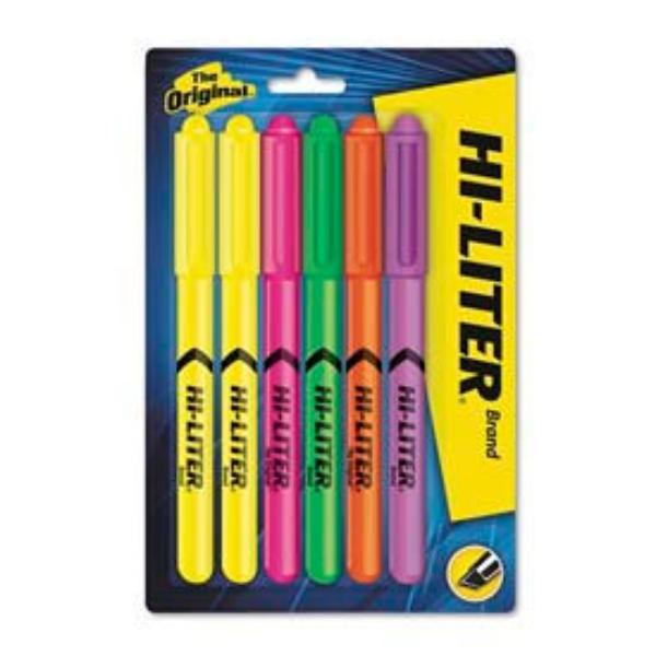 B49601 Hi-Liter Pen Style Highlighters - Six-Color Fluorescent Set - Assorted Color