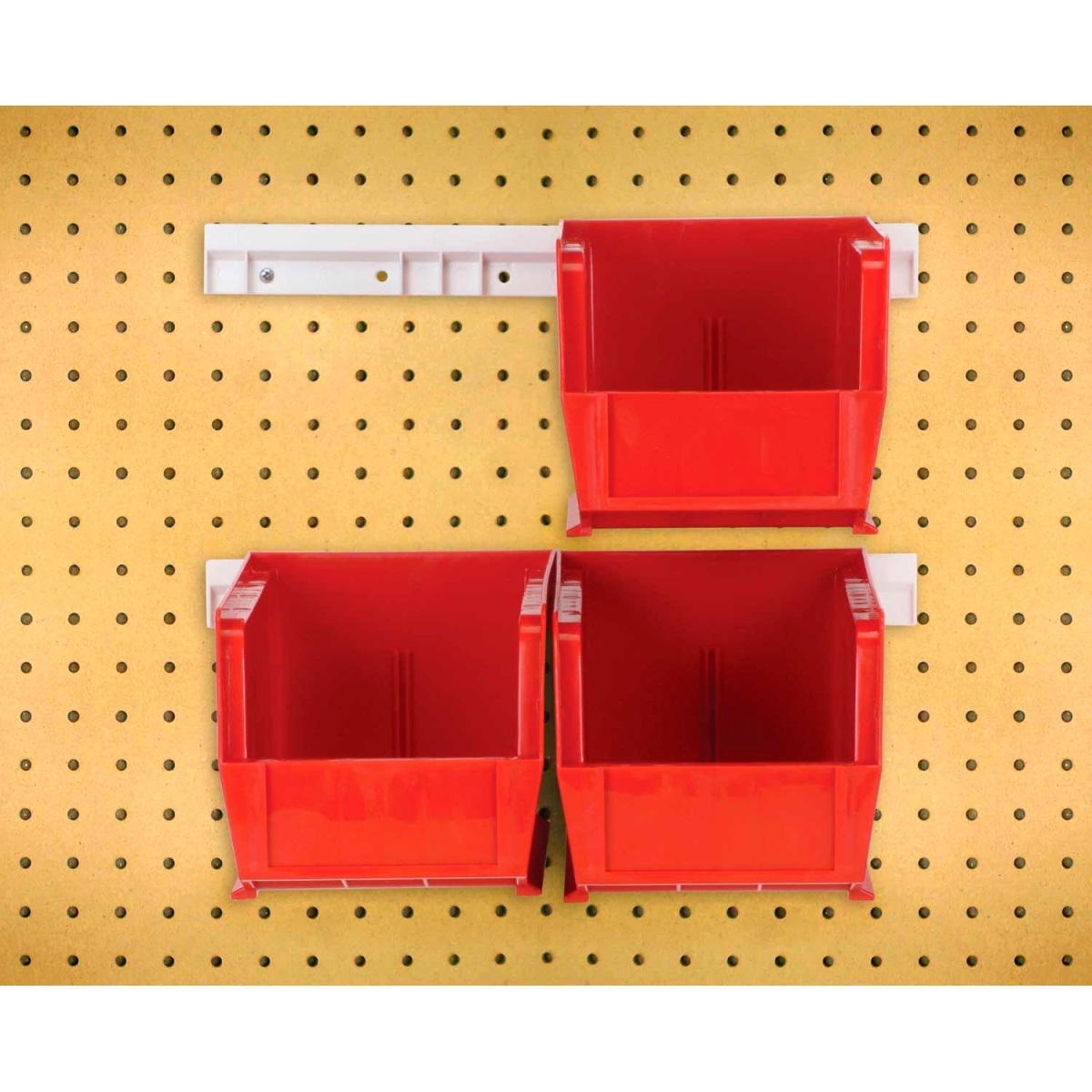 B1398865 Hang & Stack Bins with 2 Rails & 4 Bins - 10.875 x 5.5 x 5 in. - Red - Polypropylene